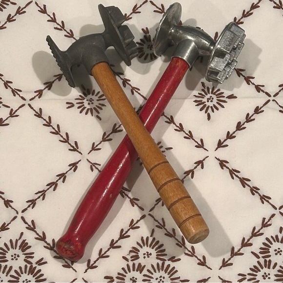 Set of TWO Vintage Butcher Mallets/Meat Tenderizers Red/Wood Handle Metal Heads - Picture 1 of 8